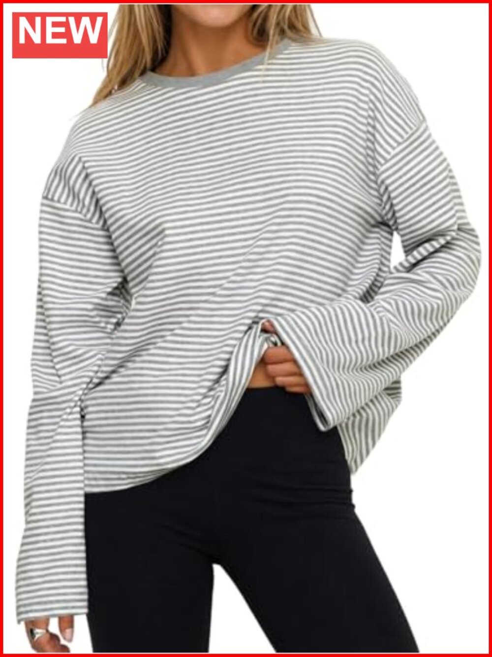 Womens Oversized Striped Long Sleeve Crew Neck Cotton Tops